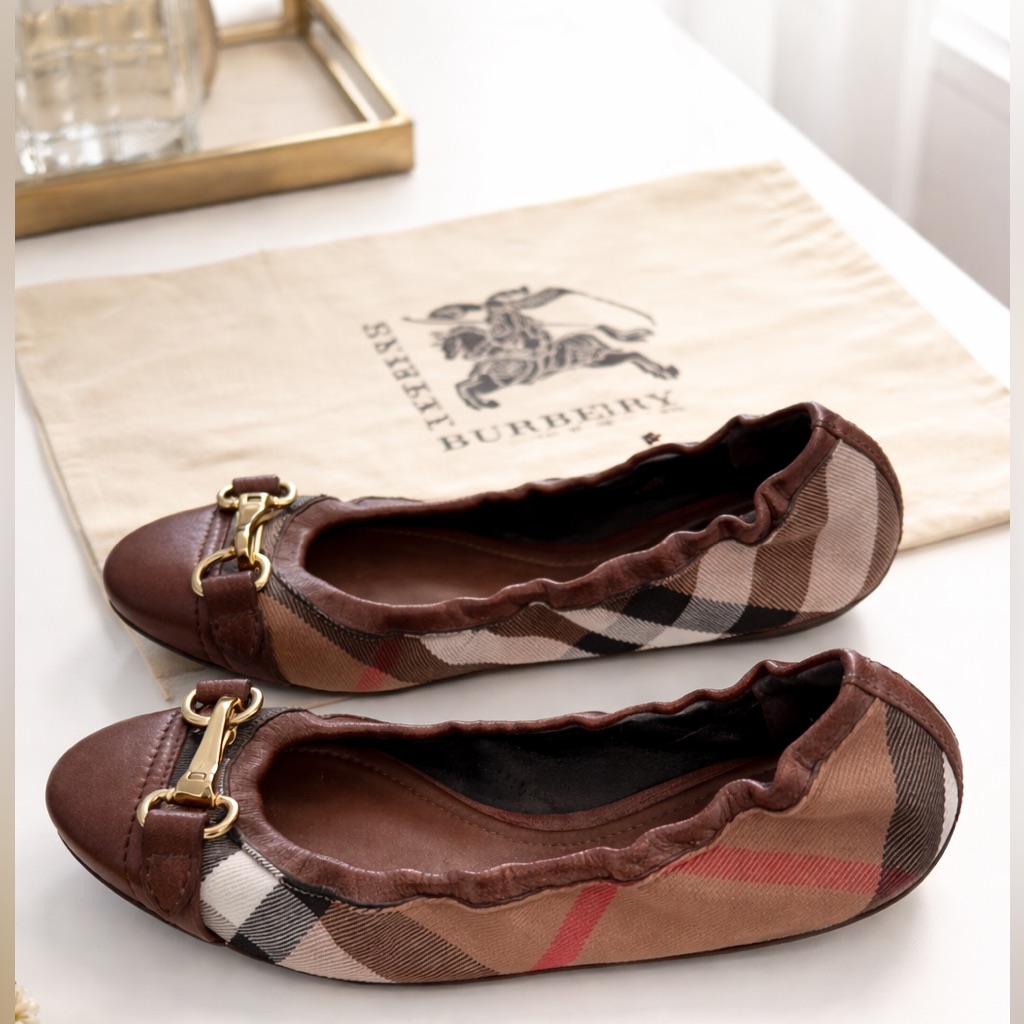 Authentic Burberry Check Ballet Flats Brown Nova Check Leather Gold Hardware